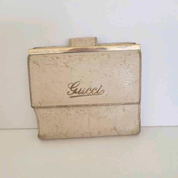 GUCCI Leather Card Bill Coin Wallet Medium Logo Bifold White Bone Compact Vintag - Picture 1 of 14